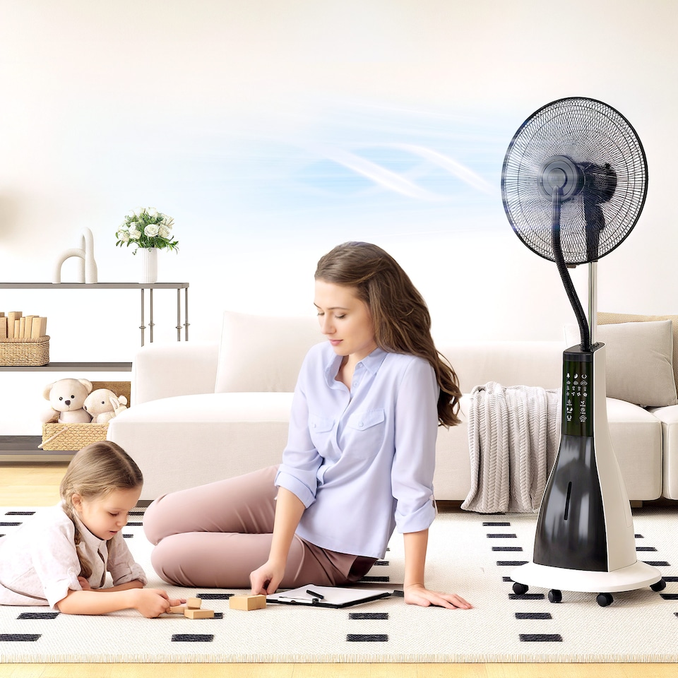 image 1 of HOMCOM Pedestal Fan with Water Mist Spray, Spray Misting Fan with 75 Oscillation, Remote Control, Tilt Head, 3 Speeds, 3 Modes, 3 Mist, 3L Water Tank, Wheels, for Home, 125 cm