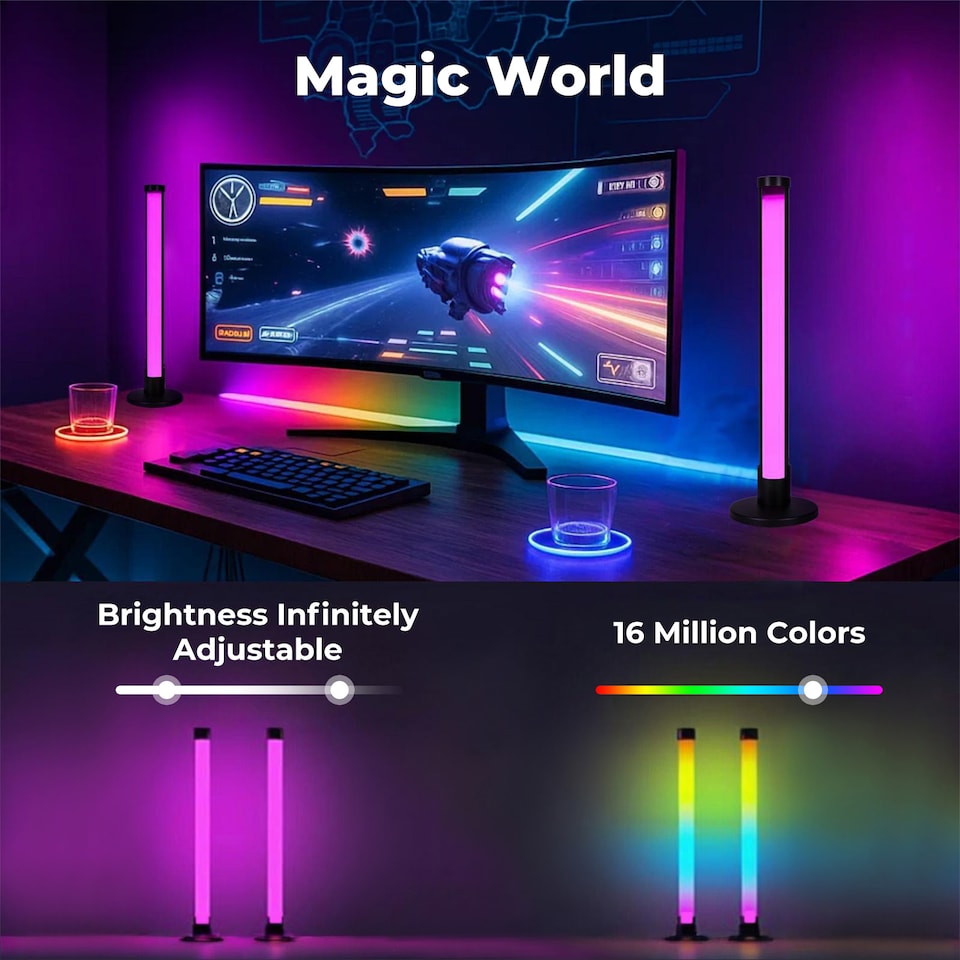 image 1 of Emitto 2x Smart RGB LED Light Bars Game Ambient Lamps Color Changing Music Timer