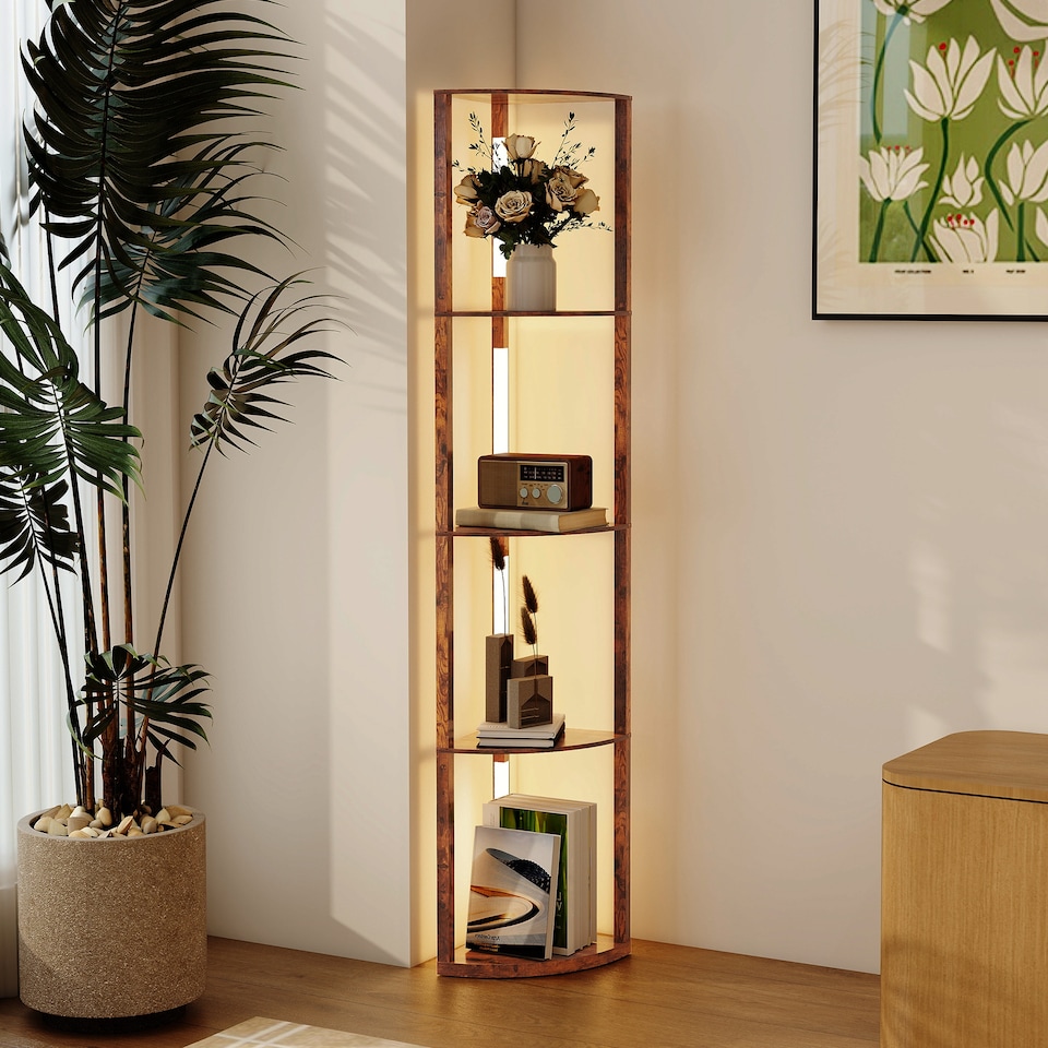 image 1 of HOMCOM LED Floor Lamp with Shelves, 4 Layers Dimmable Modern Standing Lamp with 3 Brightness Levels and Foot Switch for Living Room, Bedroom, Office, Rustic Brown