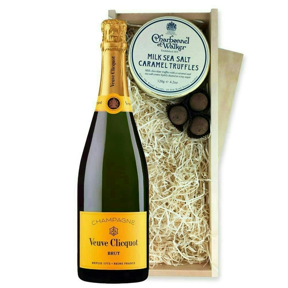 Veuve Clicquot Brut Yellow label Champagne And Milk Sea Salt Charbonnel Chocolates Box 75cl 12% abv