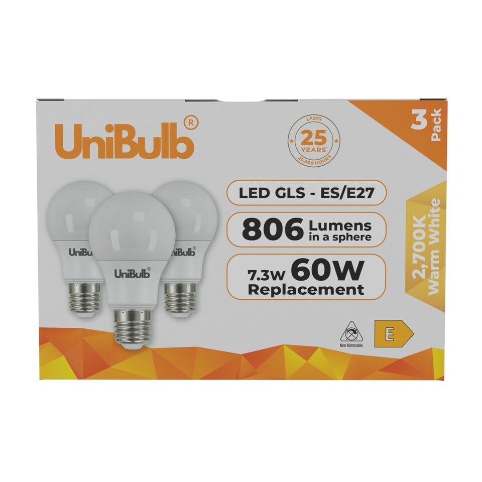 image 1 of UniBulb LED GLS E27 806lm 7.3W 2700K (Warm White) Light Bulb - Pack of 3