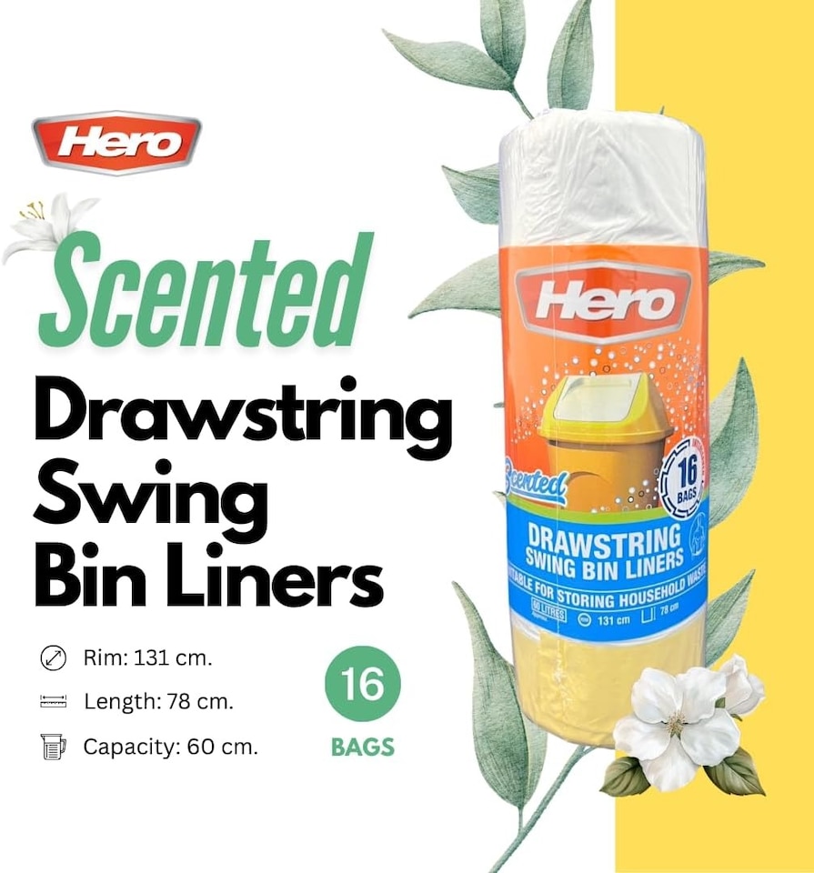 image 1 of Hero Swing Scented Drawstring Bin Bags 60L – Roll of 16 Bags | Strong Tear-Resistant Kitchen Bin Liners with Fresh Fragrance