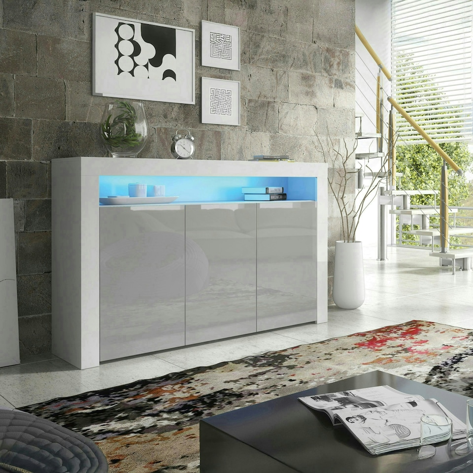 image 1 of Sideboard 155cm Grey Gloss Doors White Matt Body Free LED Shelf White | Grey