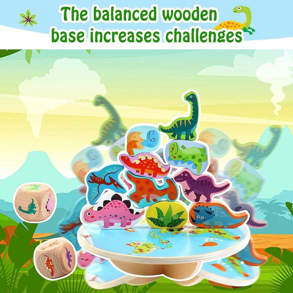 image 1 of Wooden Dinosaur Stacking Balance Toy -Animal Balance Blocks with Dice, Wooden Rocker Board & 10 Dinosaur Shapes, Educational Fine-Motor Skill Game