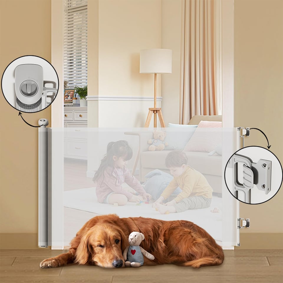 image 1 of S&D, Retractable Baby Gate 86cm x 140 cm Stair Safety Gate Roll for Babies and Pets, Extendable Barrier Gates (White)