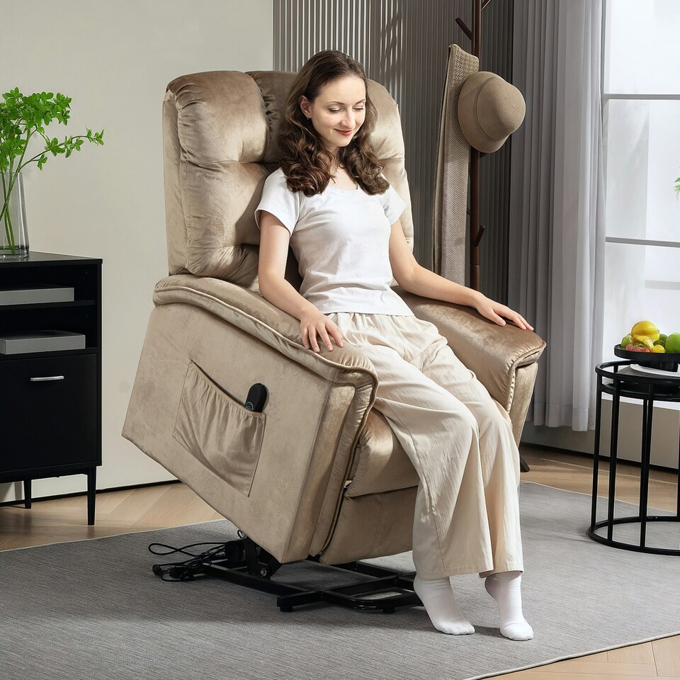 image 1 of HOMCOM Power Lift Recliner Chair for Elderly w/ Remote Control, Champagne Cream | Champagne