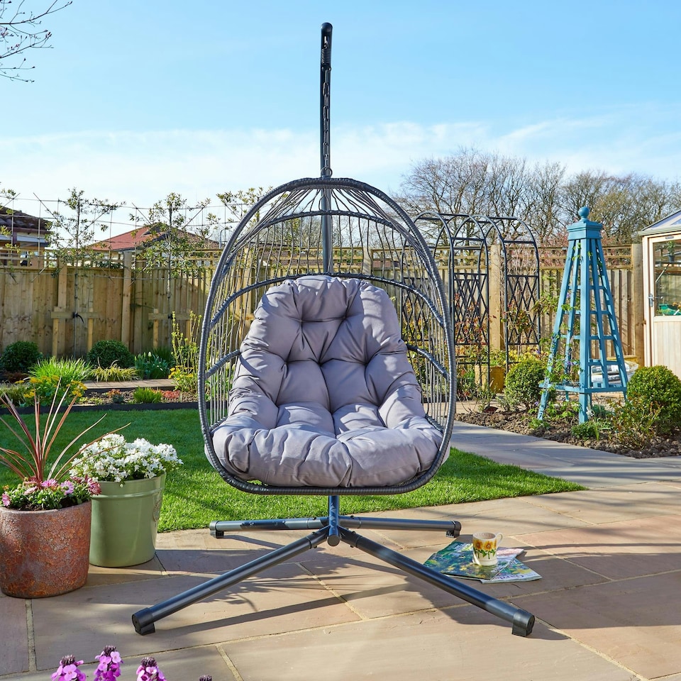 image 1 of Hanging Egg Chair Rattan Black Waterproof Dark Grey Cushion Indoor Outdoor Seat