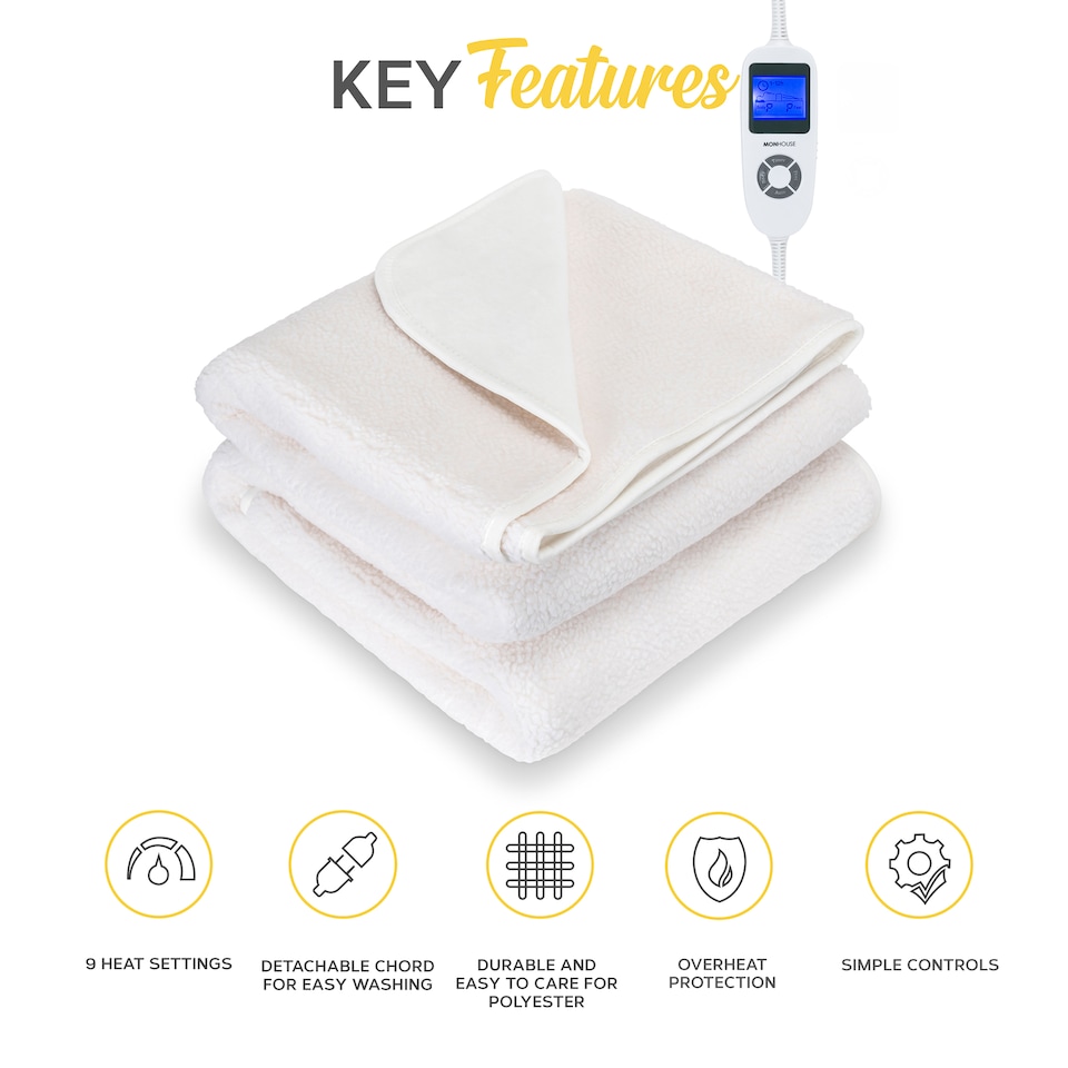 image 1 of MONHOUSE Fleece Electric Heated Under Blanket - Single 90x190cm - Detachable & Machine Washable - Controller Multi Zones, 9 Heat Settings | White | 1