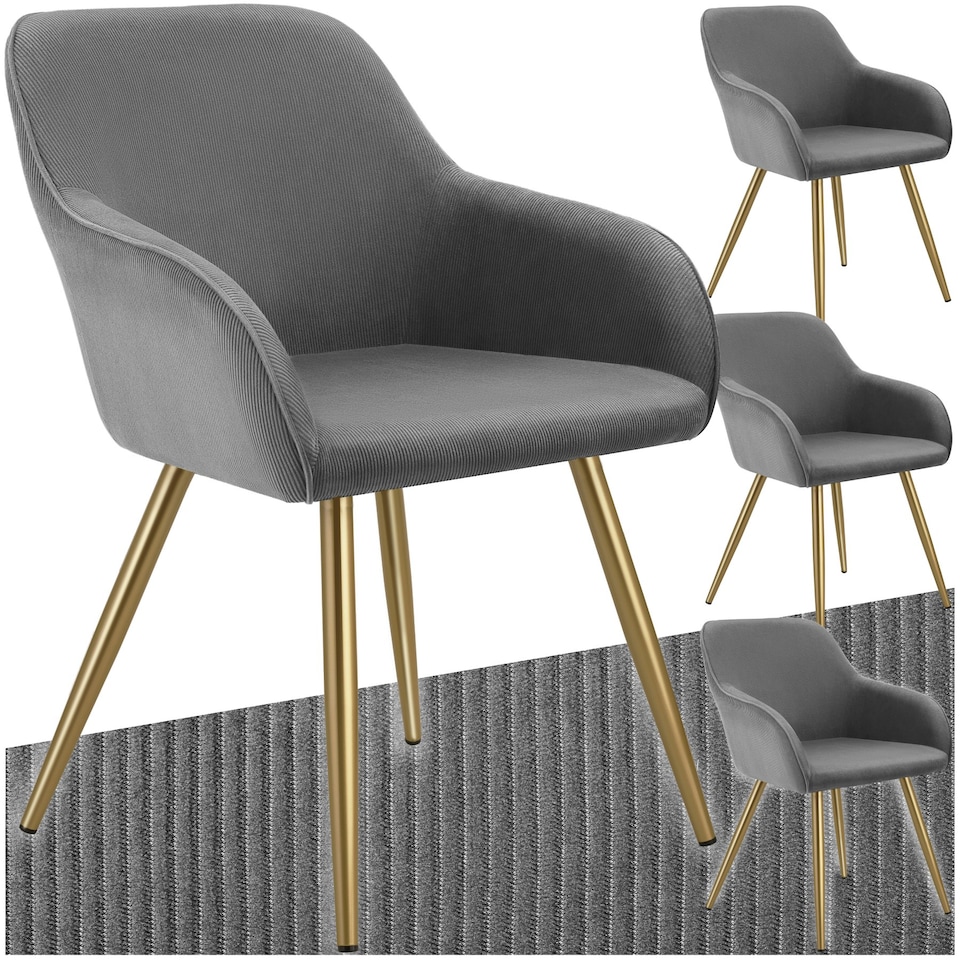 image 1 of Dining Chair Marilyn - corduroy look, upholstered, armchair, continuous backrest - Set of 4 Grey | Grey/Gold
