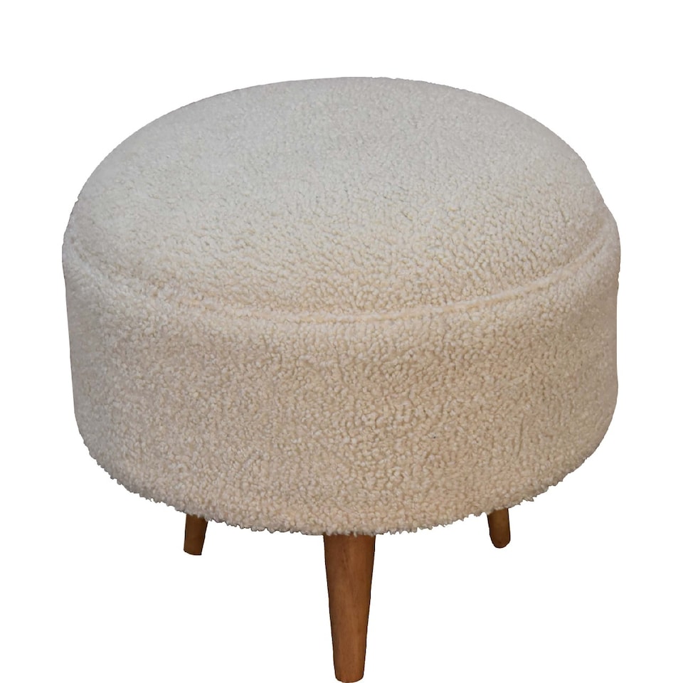 image 1 of Artisan Furniture Solid Wood Cream Boucle Rounded Footstool, Upholstered, Brown and Cream