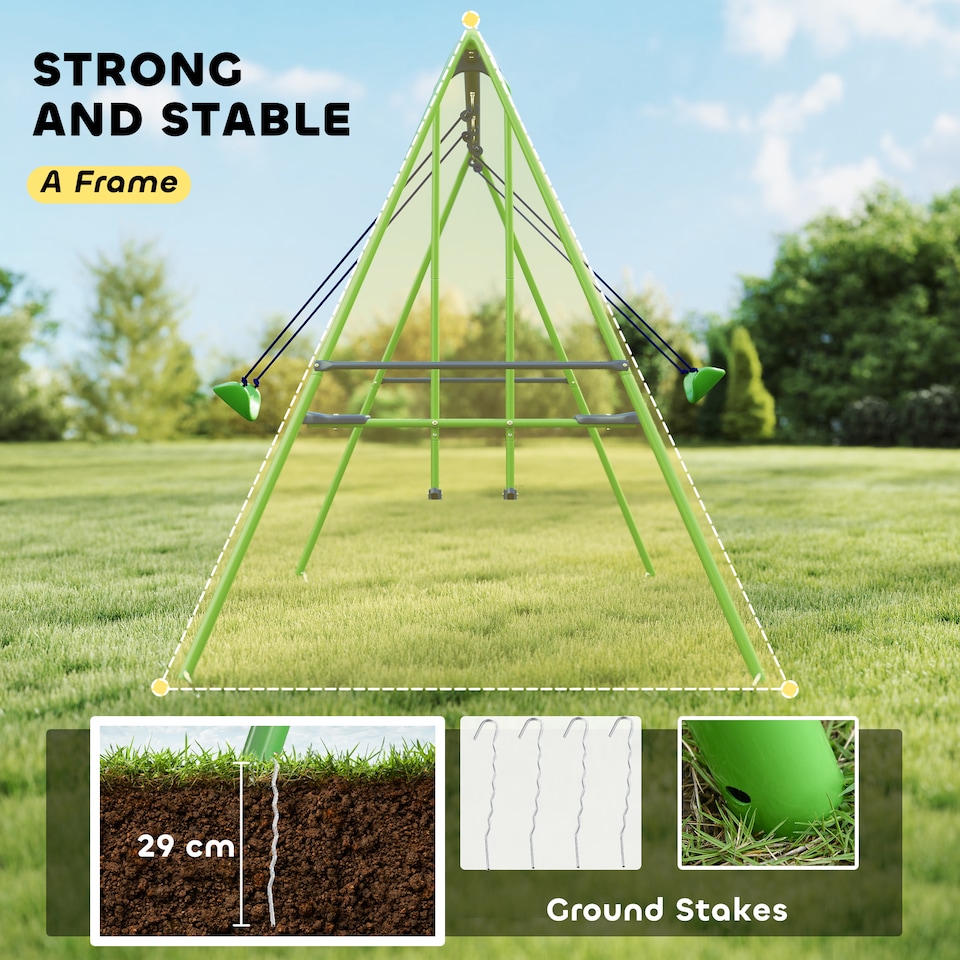image 1 of Outsunny Kids Metal Garden Swings Set w/ Glider, Adjustable Height, Green