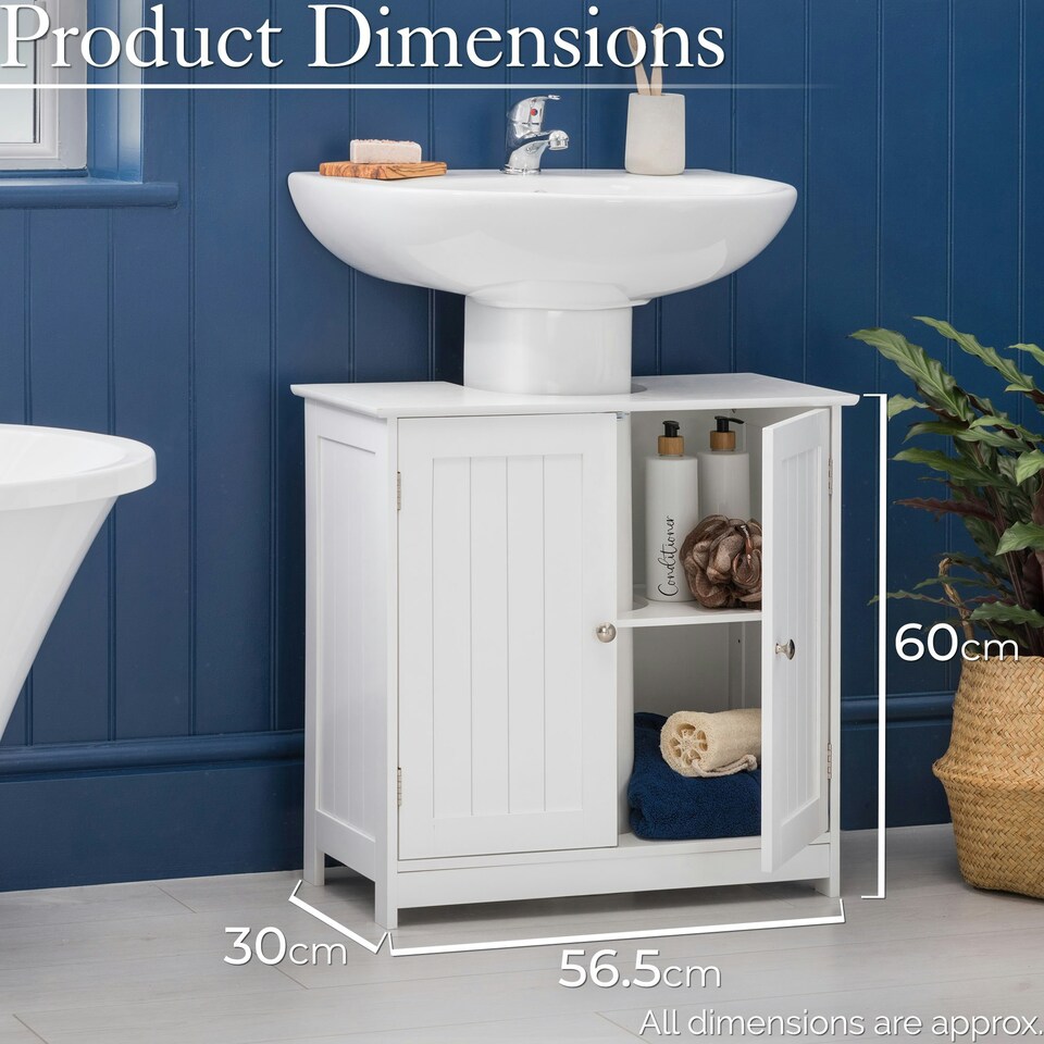 image 1 of Christow Bathroom Under Sink Cabinet Wooden White 2 Door Storage Cupboard Unit