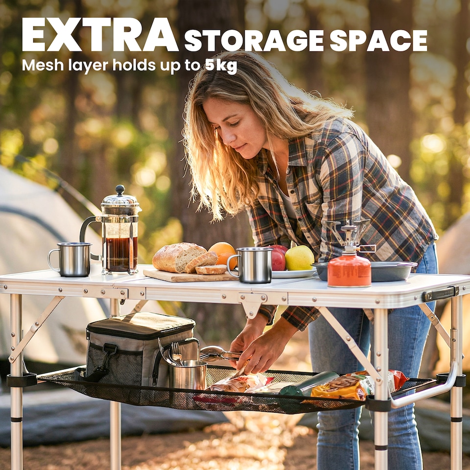 image 1 of Outsunny 3ft Folding Camping Table, Picnic Table with Storage Layer | Cream | 90 x 40 x 70 cm