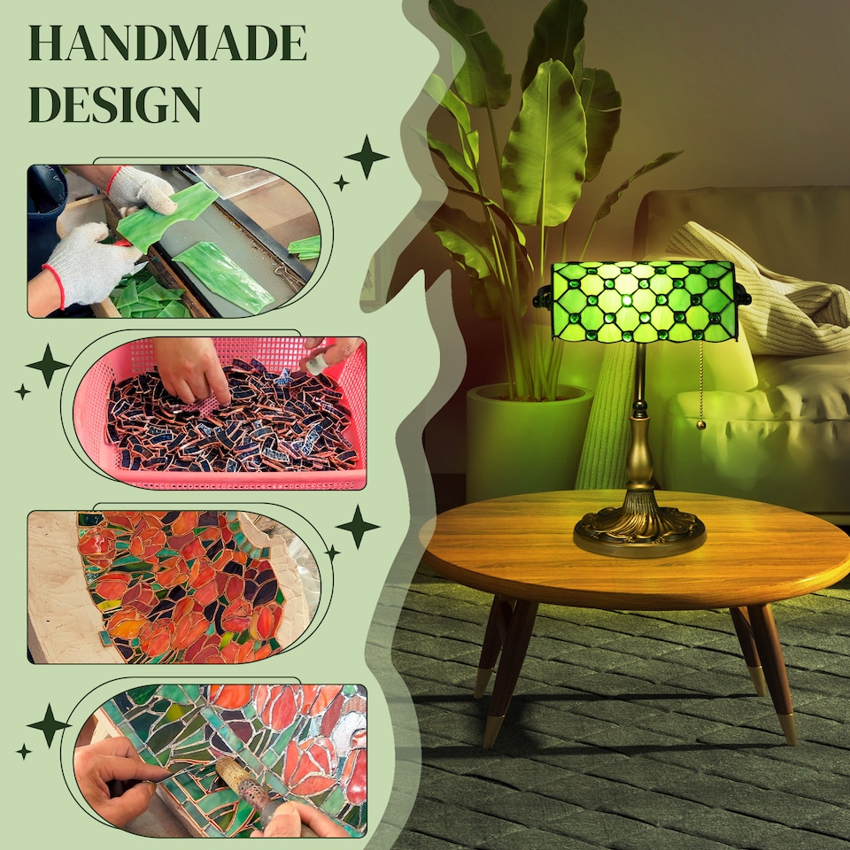 image 1 of HOMCOM Stained Glass Table Lamp, Vintage Lamp with Green Handmade Shade, Metal Base, Antique Bedside Lamp for Bedroom Living Room Home Decoration