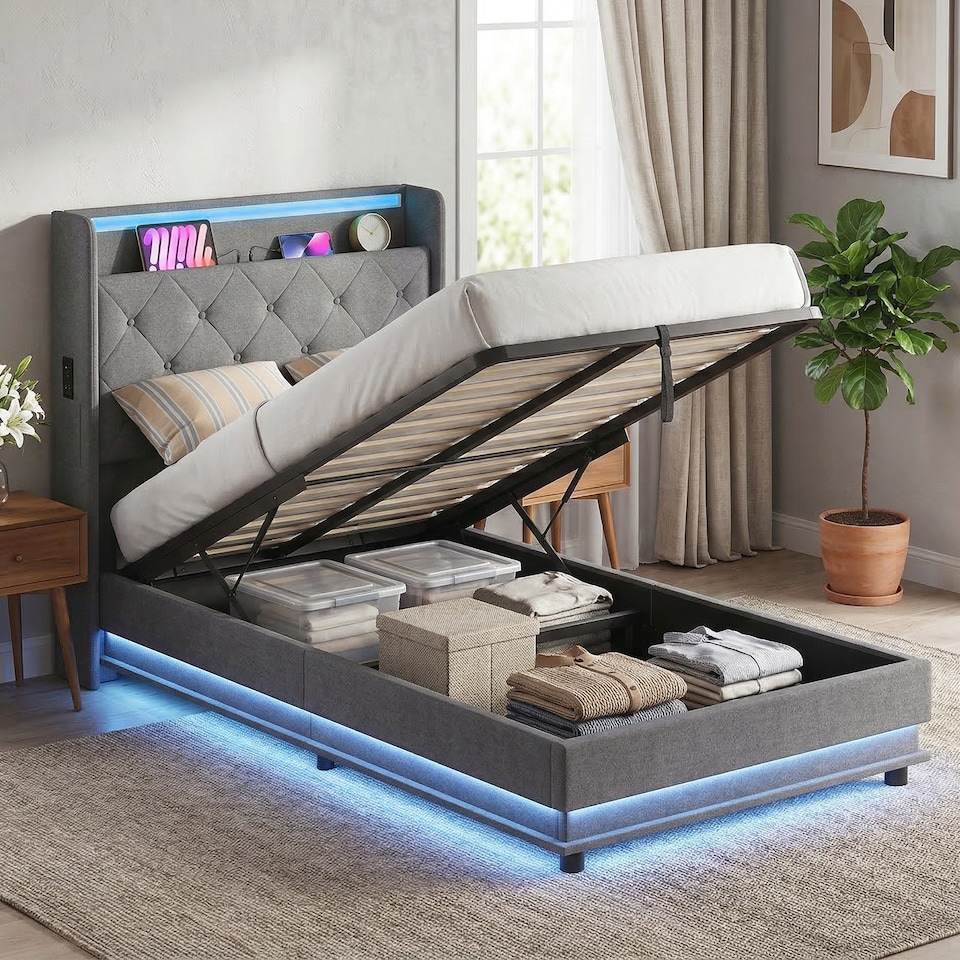 image 1 of HOMCOM Lift up Storage Bed Frame with RGB LED Lights, 90 x 190cm, Dark Grey