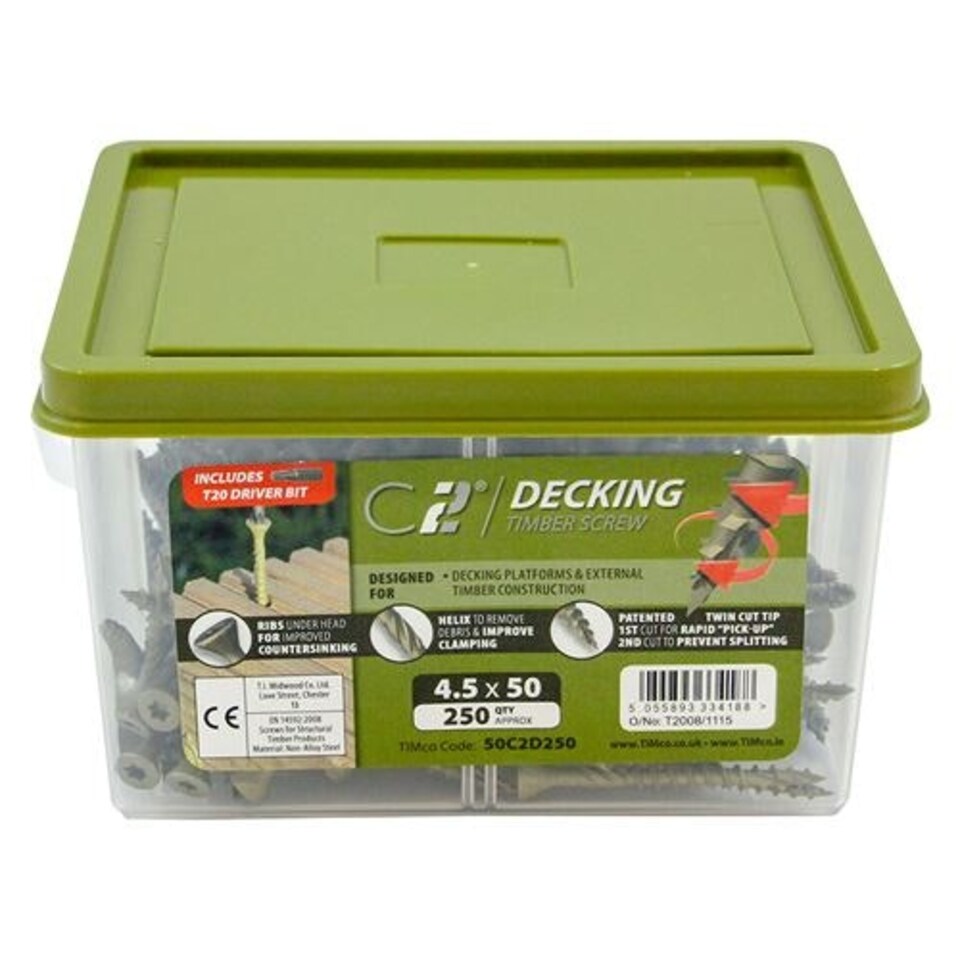 image 1 of Timco - C2 Deck-Fix Premium Decking Screws - TUB - TX - Countersunk - Exterior - Green (Size 4.5 x 50 - 250 Pieces)