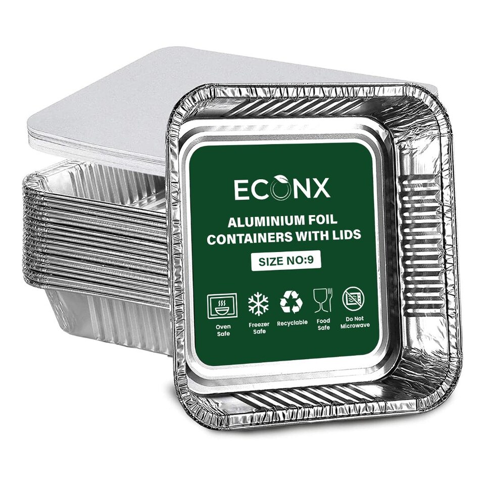 image 1 of ECONX No9 Large Aluminium Foil Containers With Lid 9x9" Takeaway Catering Meal Prep Foil Baking Tray Pack Of 100