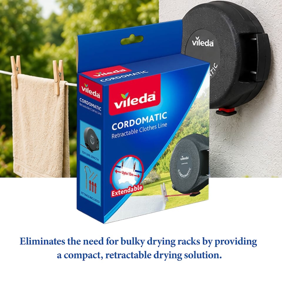 image 1 of Vileda Cordomatic Retractable Clothes Line Indoor Outdoor Washing Line 15m