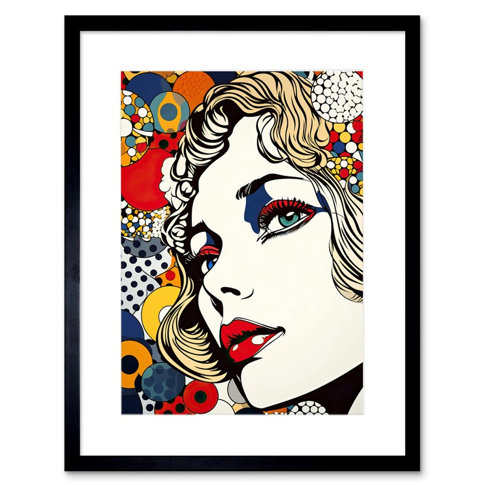 image 1 of Bright Woman Face Geometric Patterns Bubbles Comic Style 9x7" Black Framed Wall Art Print