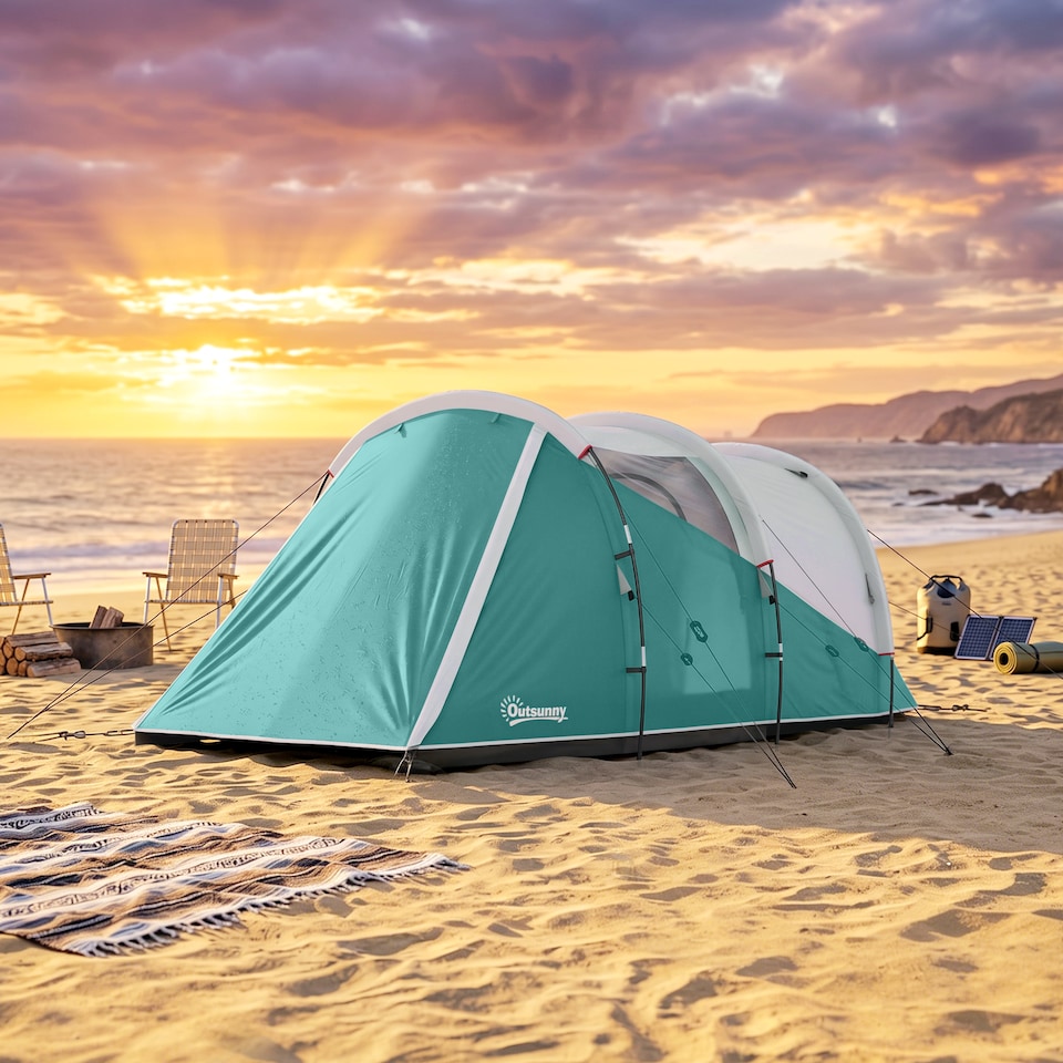 image 1 of Outsunny 3000mm Waterproof Camping Tent with 2 Rooms for 3 Man, Green