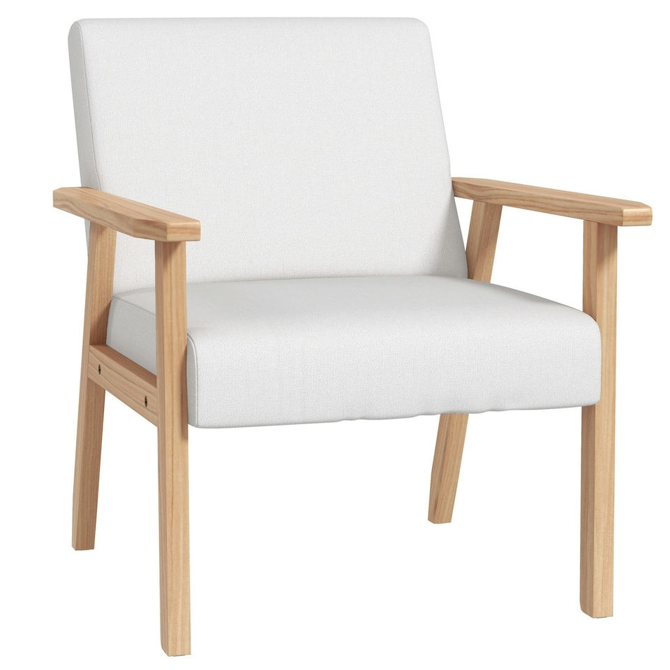 image 1 of HOMCOM Accent Chair with Wood Frame Wide Seat Linen Armchair Cream White