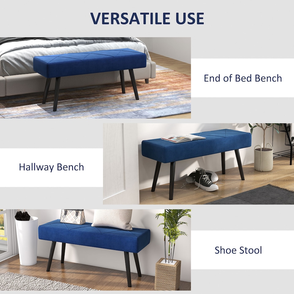 image 1 of HOMCOM End of Bed Bench with X-Shape Design and Steel Legs, Upholstered Hallway Bench for Bedroom, Blue