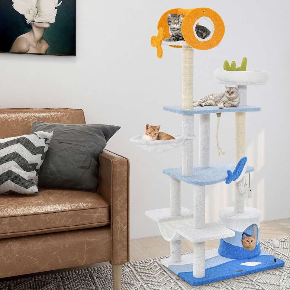 image 1 of COSTWAY Ocean-themed Cat Tree Tower Cat Activity Center
