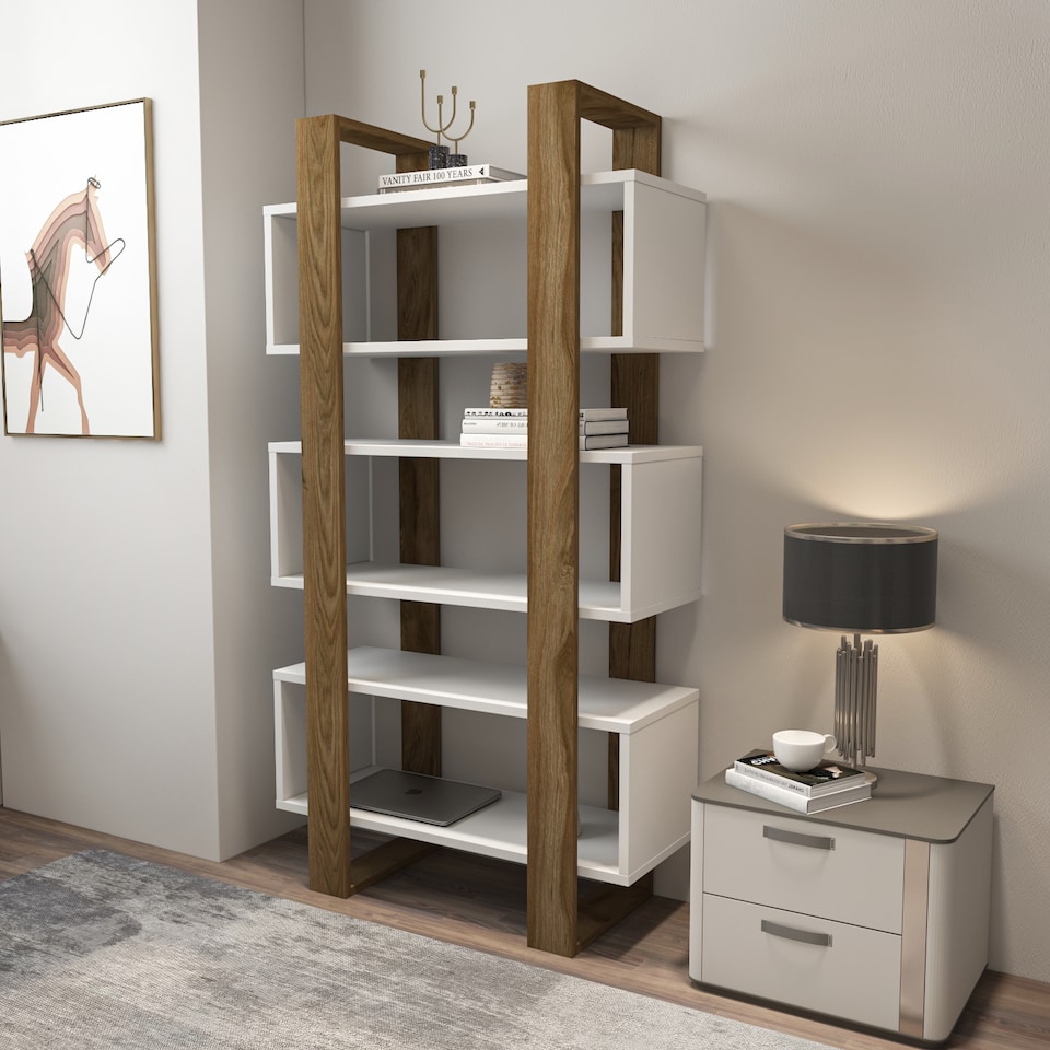 image 1 of Decorotika Reina Bookcase 3-tier H 150 cm x W 90 cm x D 33 cm | Multi | White and Walnut | 1