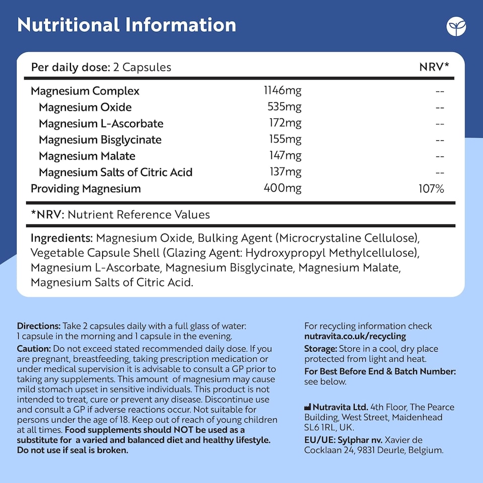image 1 of Nutravita Magnesium Supplements 5-in-1 Complex 1146mg - 400mg Elemental Magnesium, Bisglycinate, Citrate, Malate, Oxide, Ascorbate - 240 Capsules