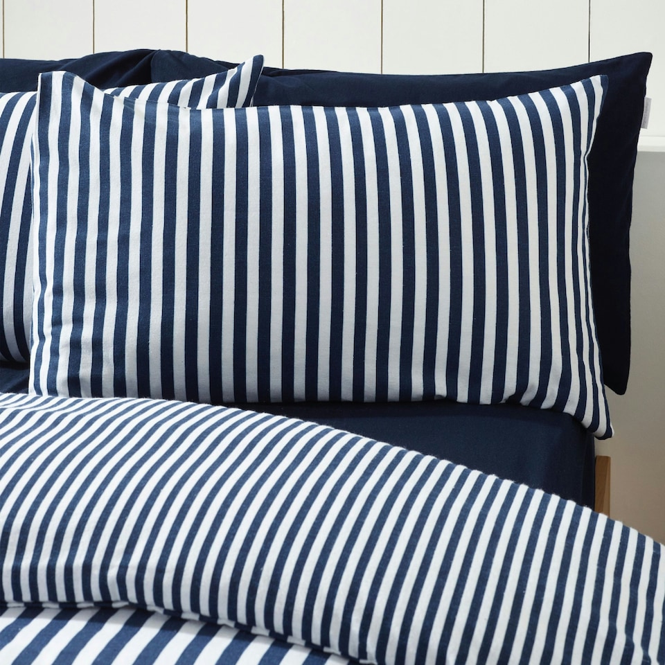 image 1 of Catherine Lansfield Brushed Stripe Cotton Reversible Duvet Cover Set Navy Blue | Blue | Navy Blue | King