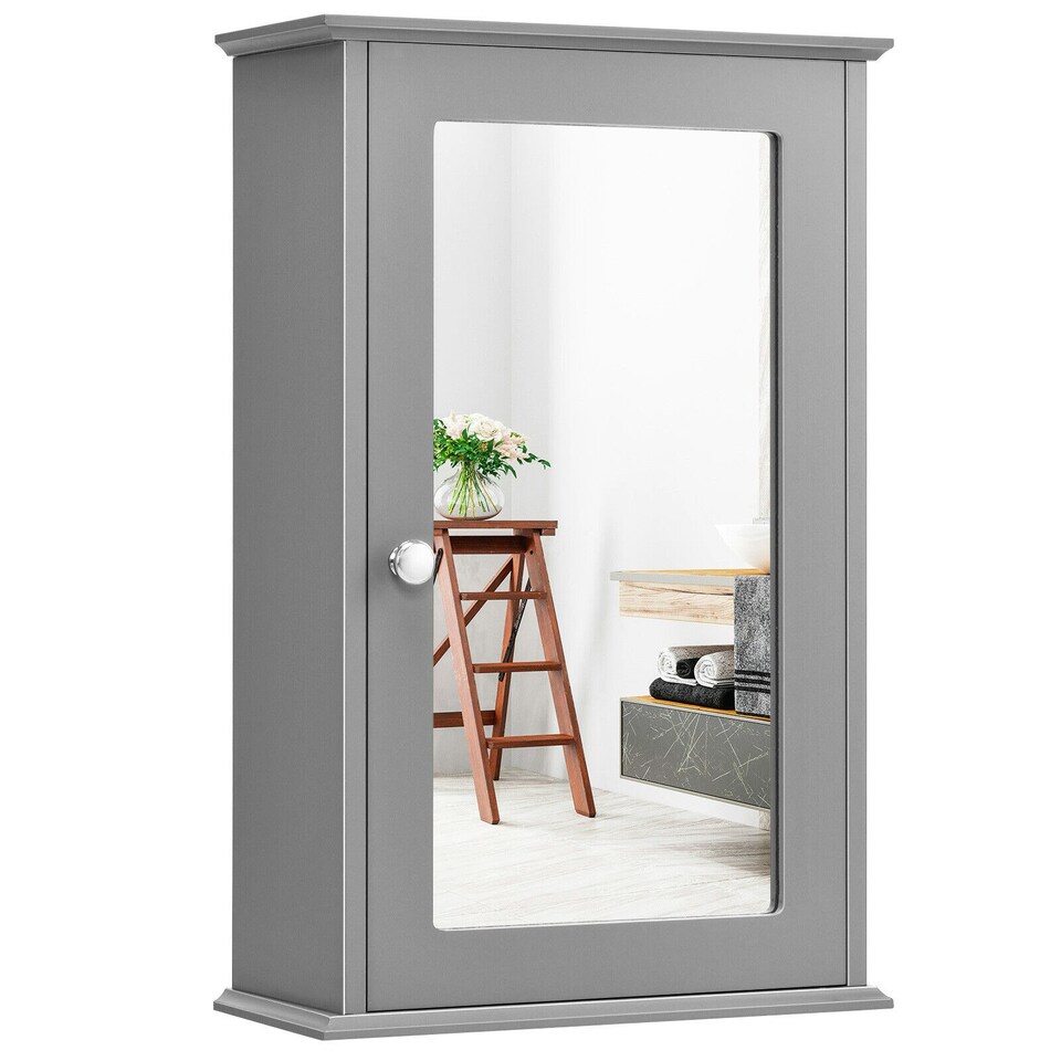 image 1 of COSTWAY Bathroom Mirror Cabinet Wall Mounted Storage Grey Grey