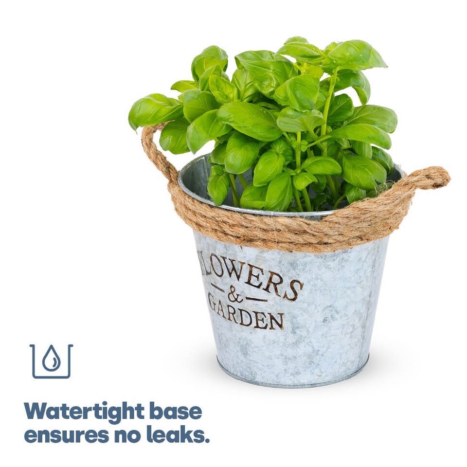 image 1 of Round Zinc Plant Pot 16cm with Hessian Handle