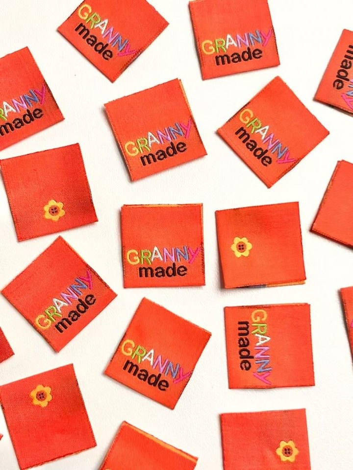 Two Stitches Orange Granny Made Woven Labels for Dressmaking - per pack