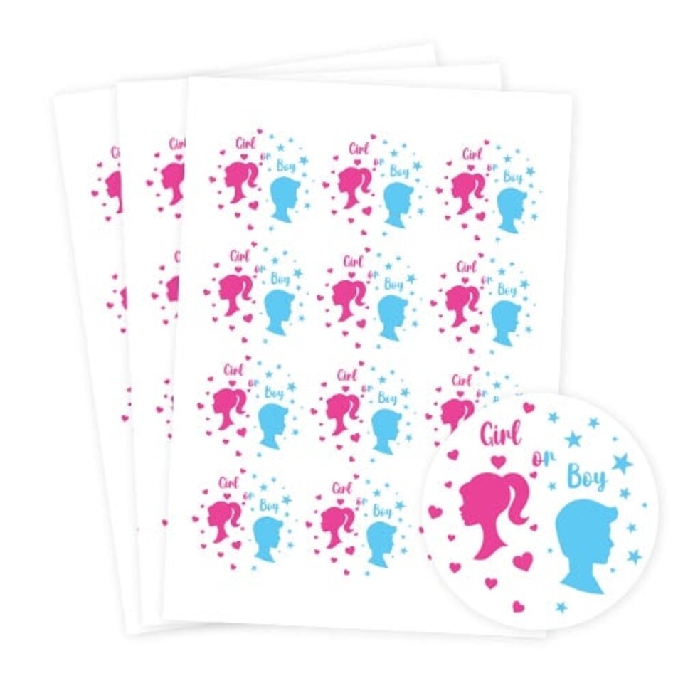 image 1 of Dolls Gender Reveal Round Stickers 60mm - Sheet of 12