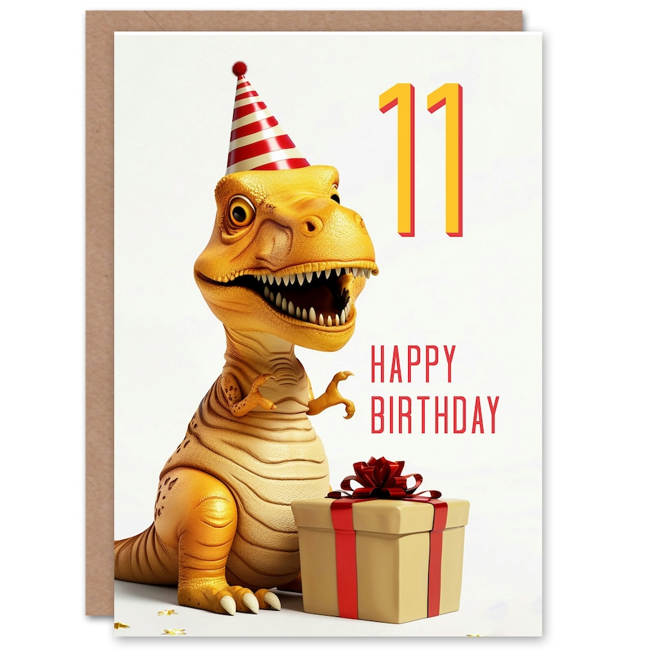 image 1 of T-Rex Dinosaur Party Hat Kids Age 11 Year old Kids 11th Birthday Card