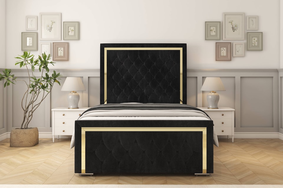image 1 of Sloomy Sofia Gold Black Naples Bed Frame With 50" Upholstered Headboard 5' King