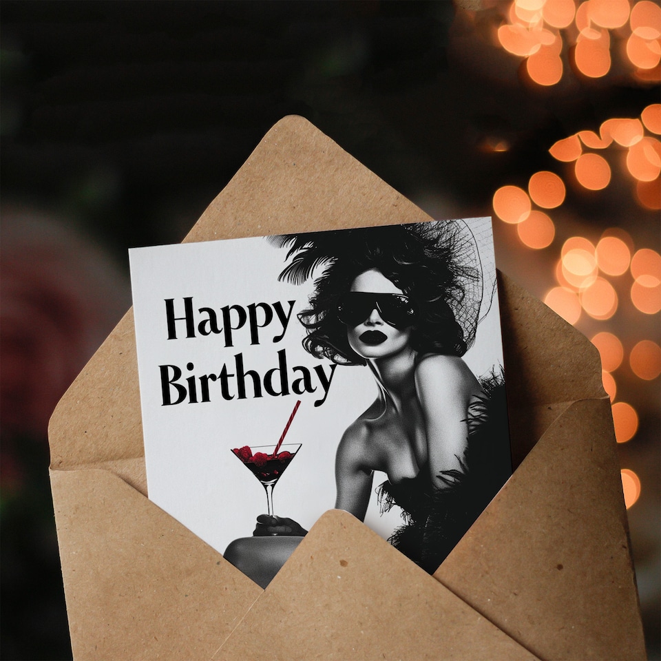 image 1 of Burlesque Showgirl Birthday Card Cocktail Illustration for Her