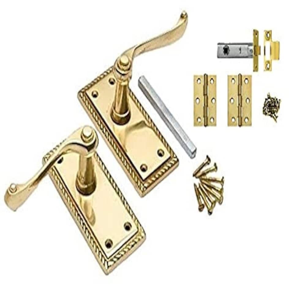 Golden Grace Georgian Door Lever Handles in Polished Brass Finish with Latches and Hinges - 107mm x 48mm Gold