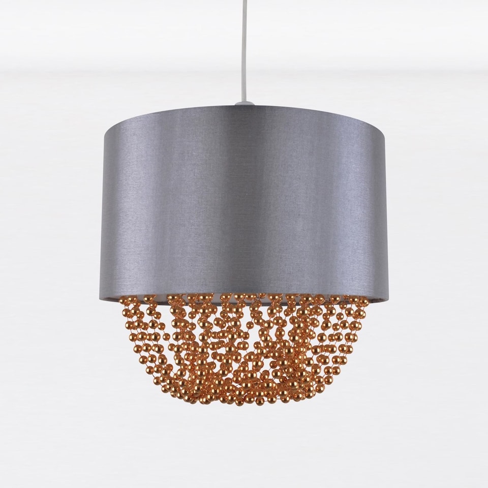 image 1 of Set of 2 Grey Faux Silk & Copper Jewelled Ceiling Light Shades | Grey | Copper | Medium | 2
