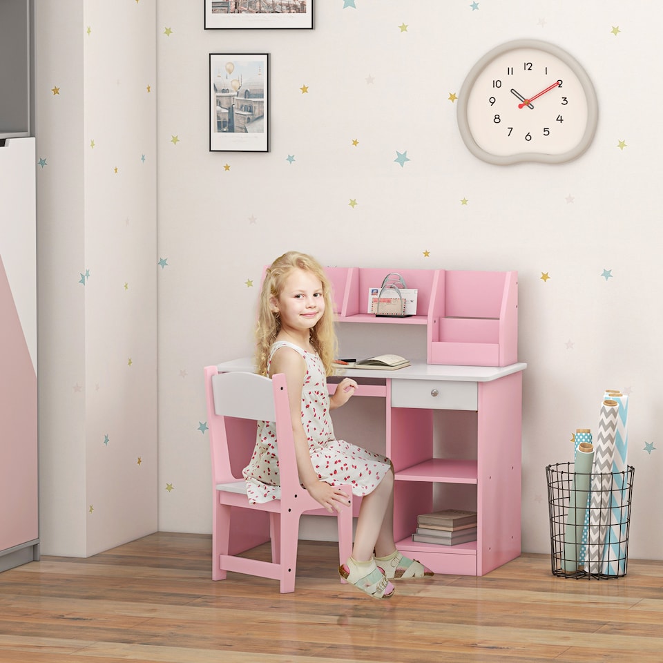 image 1 of ZONEKIZ Kids Desk and Chair Set with Storage for 5-8 Years | Pink