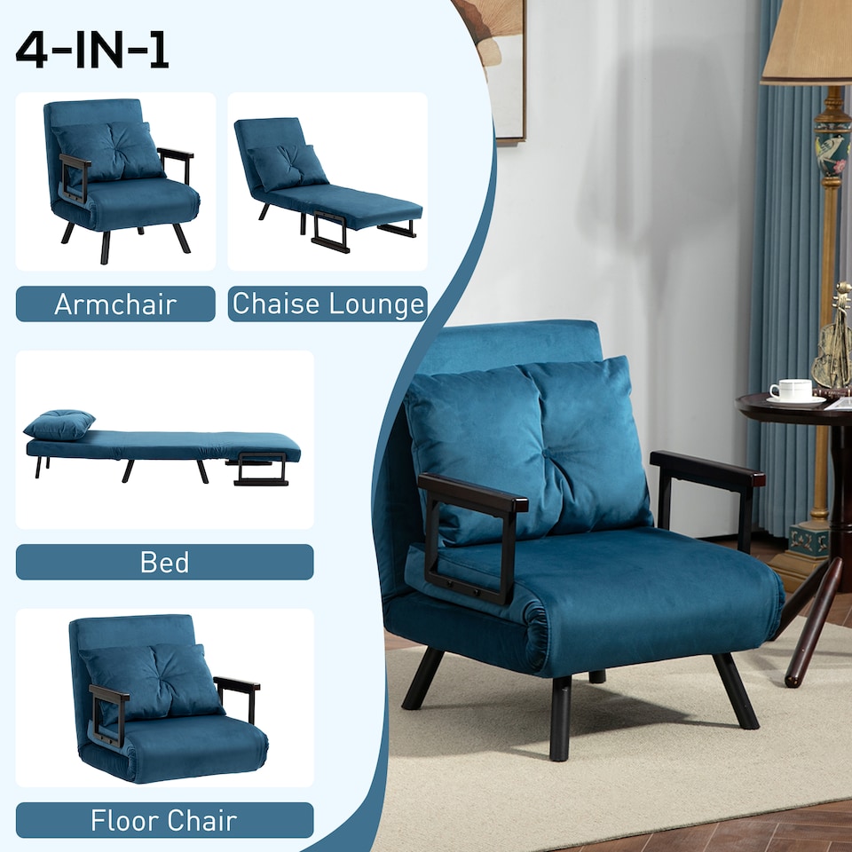 image 1 of HOMCOM Click Clack Single Chair Bed Settee for Living Room, Guest Room, Blue