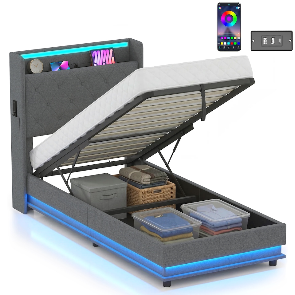 image 1 of HOMCOM Lift up Storage Bed Frame with RGB LED Lights, 90 x 190cm, Dark Grey