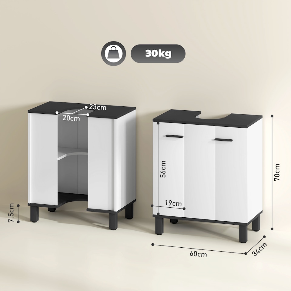 image 1 of HOMCOM Under Sink Bathroom Cabinet, Modern Under Sink Cabinet with Adjustable Shelf for Basin with or without Pedestal, 60 x 34 x 70cm, High Gloss White | White | High gloss