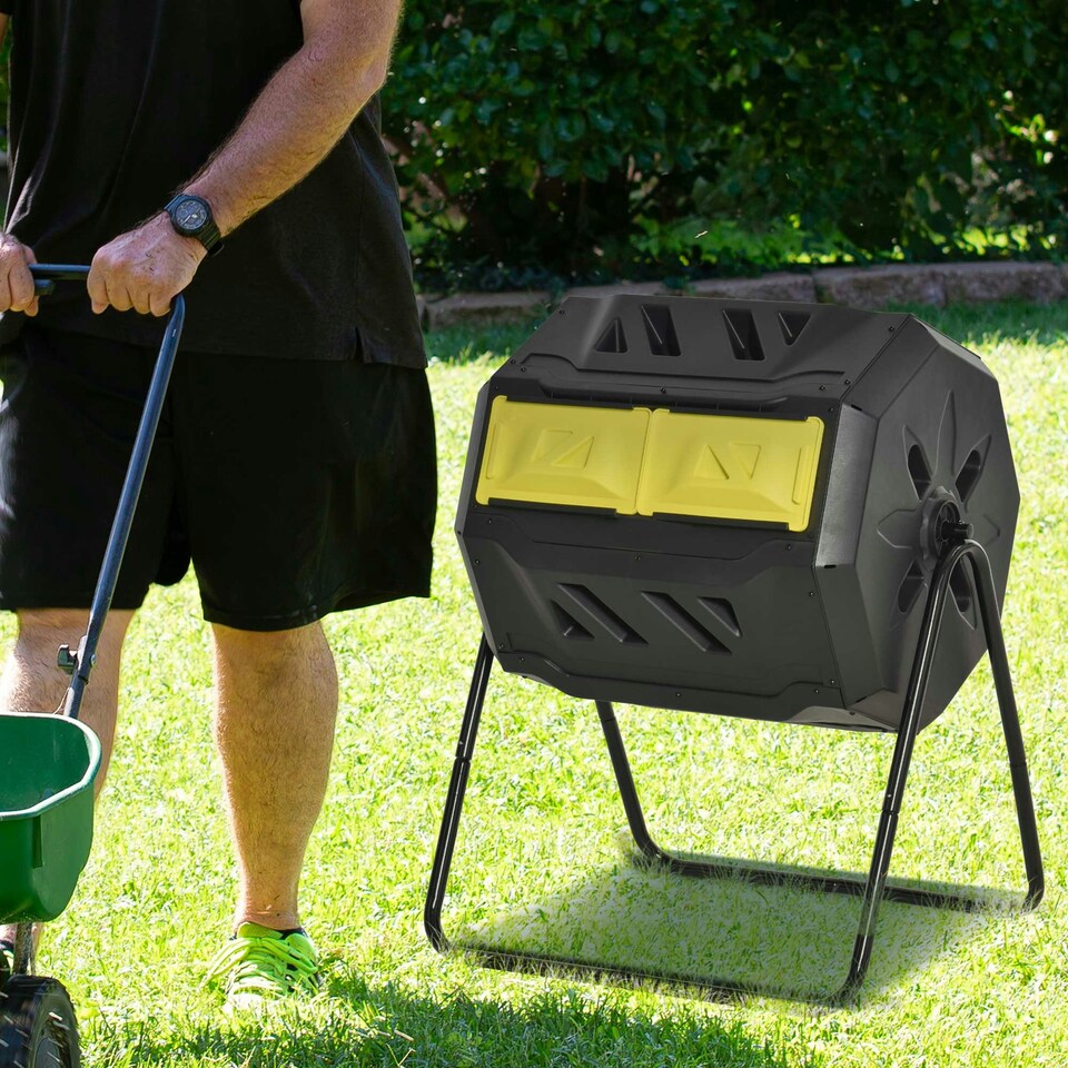 image 1 of Outsunny 160L Outdoor Tumbling Compost Bin with Dual Chamber Yellow | Yellow | One Size