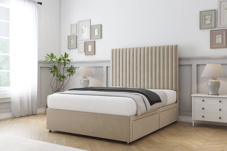 image 1 of Sloomy Manhattan Almond Coniston Divan Bed Base 2 Drawers Foot-End With 54 Inch Floor Standing Headboard | Cream | Almond | Super King | 1