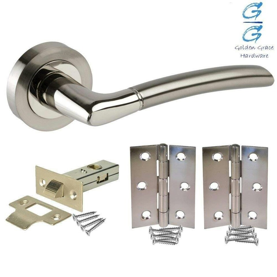 image 1 of Golden Grace 4 Sets Indiana Style Modern Door Handles on Round Rose in Dual Finish with Latch | Grey | 4 Set
