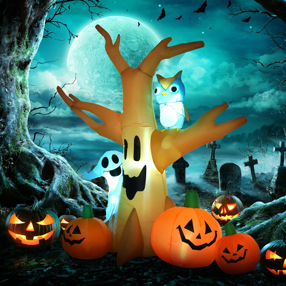 image 1 of HOMCOM Halloween Inflatable Tree Ghost 3 Pumpkins Owl Lighted 4 LED for Lawn