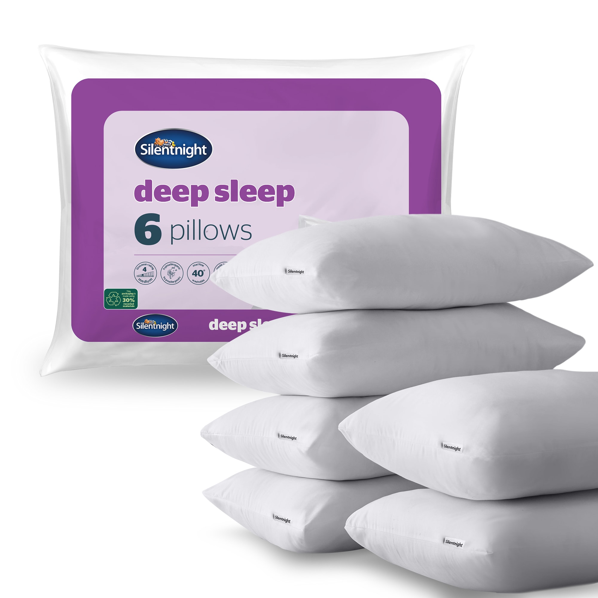 Silentnight Deep Sleep Bed Pillows, Hypoallergenic, Medium Soft Support, 6 Pack