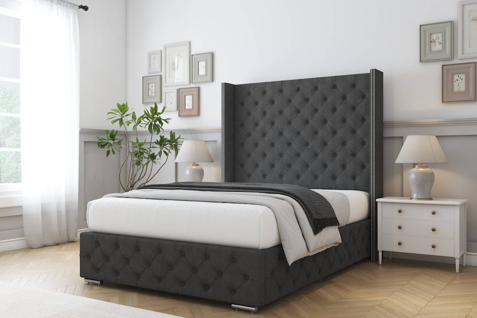 image 1 of Sloomy Arundel Graphite Dumfries Bed Frame With Mattress With 50"  Upholstered Wingback Headboard 5' King