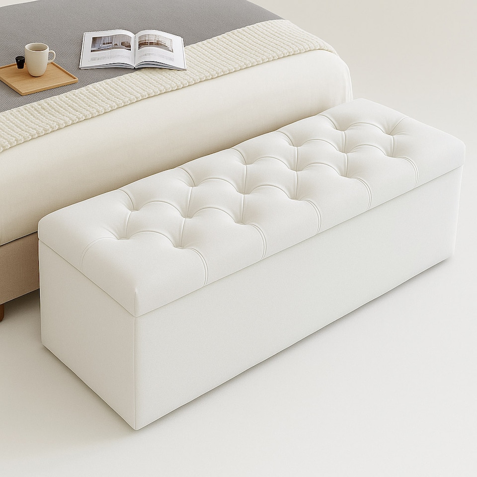 image 1 of 120cm Chesterfield Ottoman Storage Box, White Plush Velvet Upholstered Blanket Box, End of Bed Bench, Deep Storage Chest